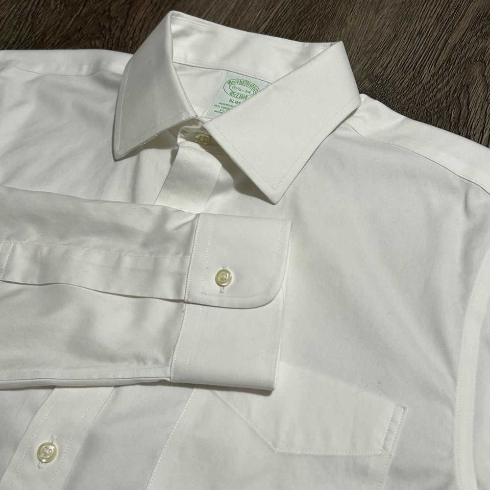 Brooks Brothers Dress Shirt 15.5-34 White Slim Non-Iron Supima Cotton Stretch
